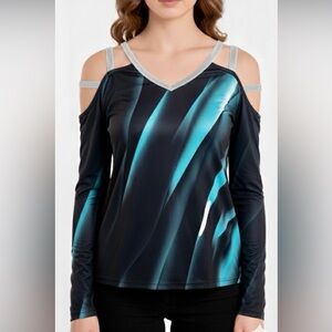 Women’s Green Black Sparkly Cold Shoulder Long Sleeve Dressy Top NWOT S